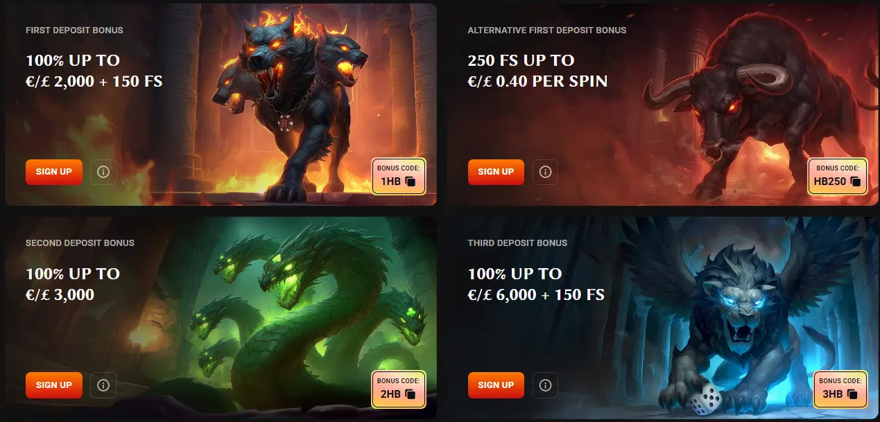 Hadesbet Casino Welcome Package — first, second and third deposit bonuses with free spins and bonus codes